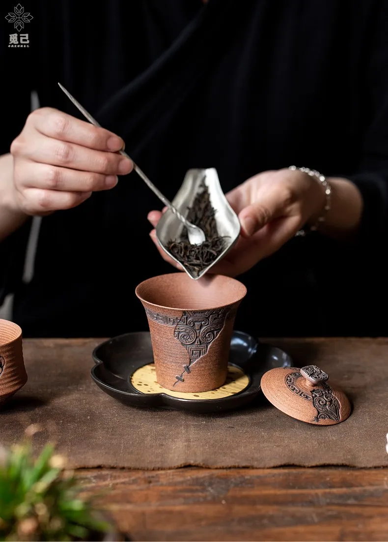 handmade Old Rock Mud Coarse Pottery Lid Bowl Tea Cup Single High Grade Ceramic Large Two Talent With Kung Fu Set