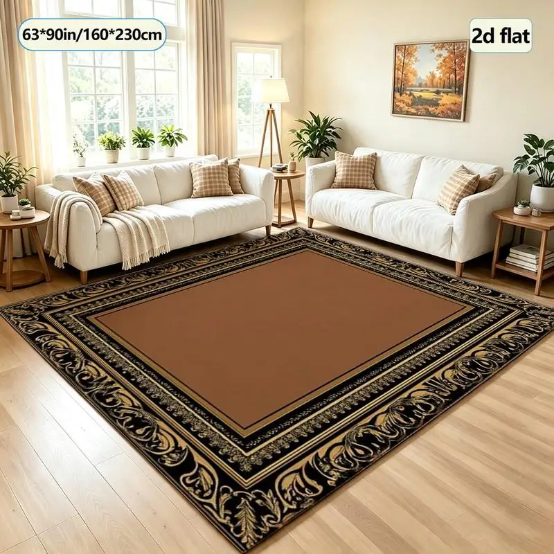 Luxurious Retro Black and Gold Ornate Border Square Carpet Non-Slip Carpet Indoor Living Room Home Decoration Floor Mat