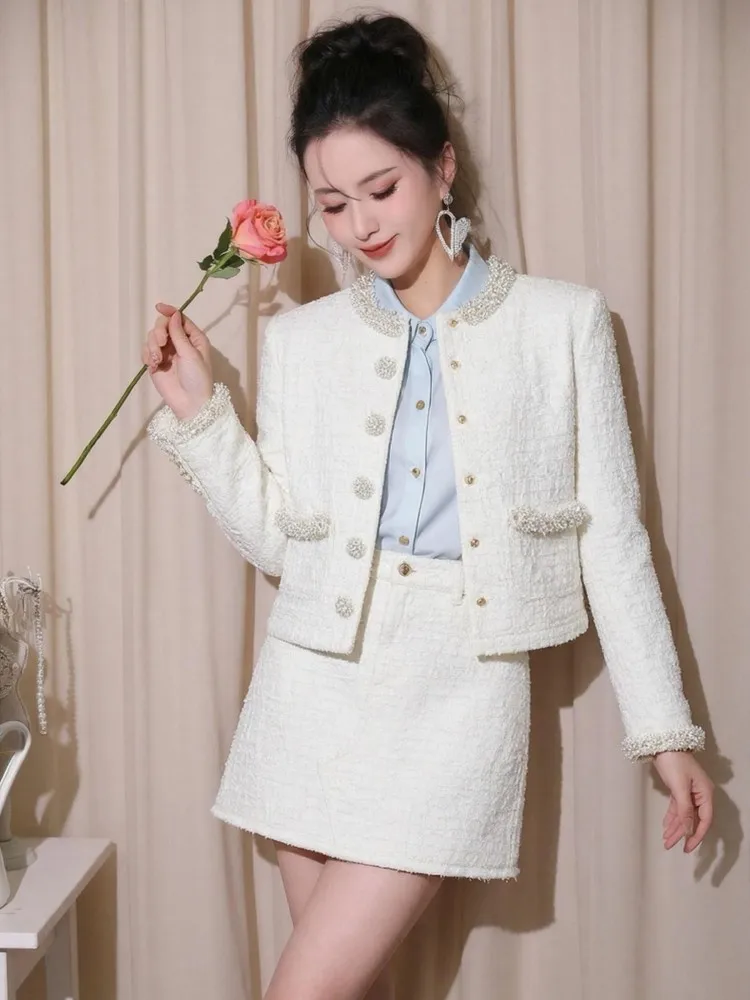 Fashion Autumn New Women Slim Fit Pearls Beading Twwed Jacket Mini Wrap Skirt Two Piece Set Elegant Ladies Birthday Party Sets