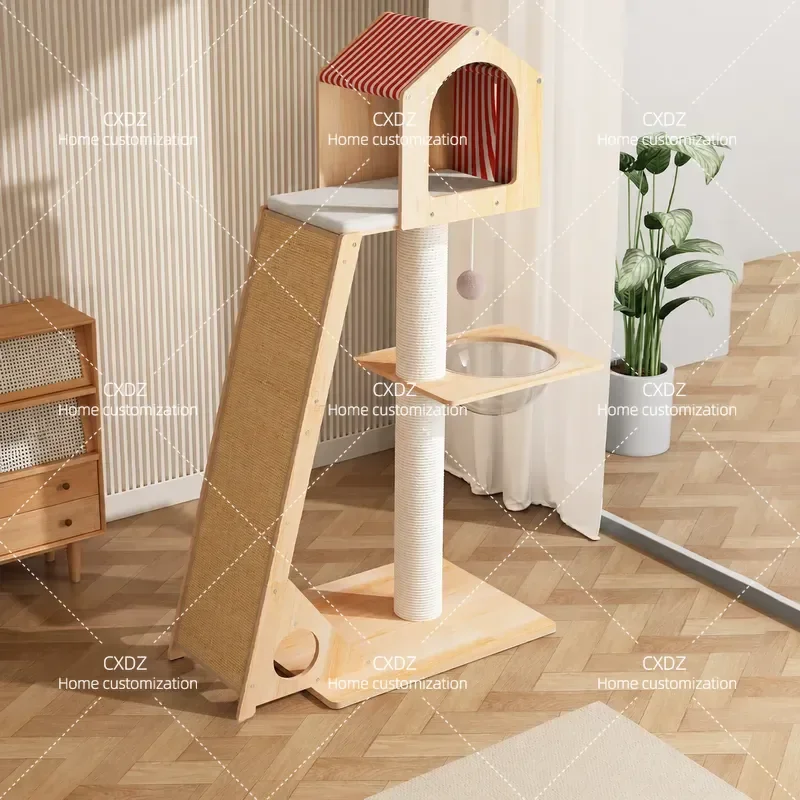 Solid Wood Cat Tree with Space Capsule Nest Integrated Climbing Frame and Sisal Scratching Board Compact Cat Shelf for Small