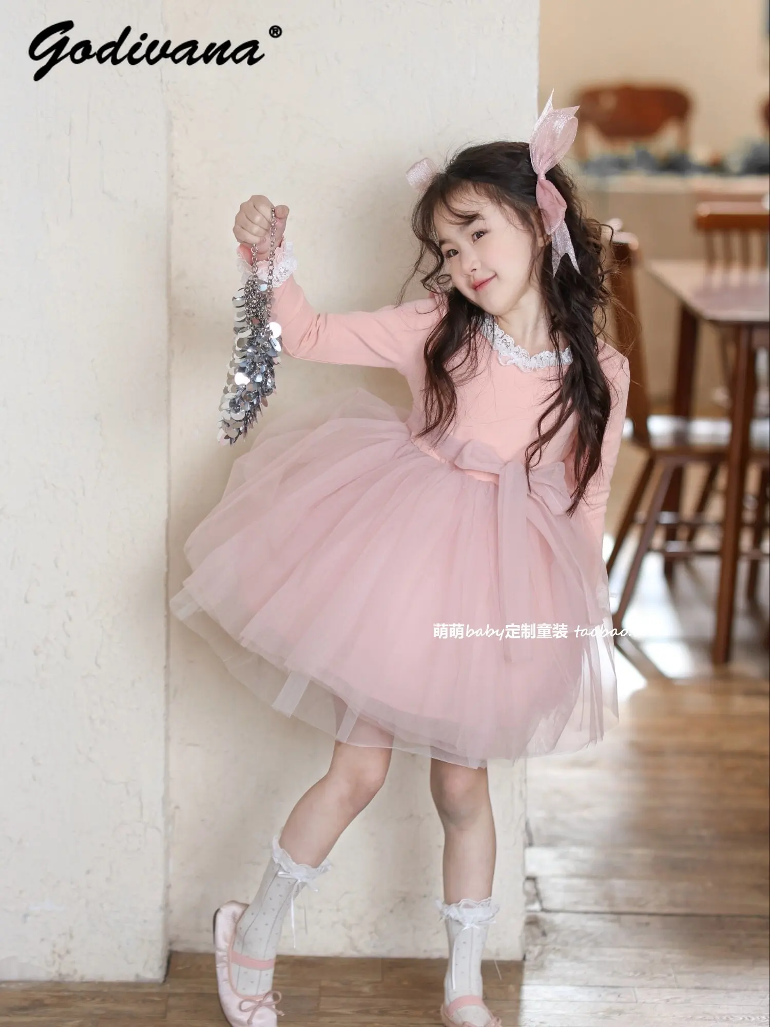 Sweet Baby Girls Pink Lace Trim Mesh Patchwork Princess Dress 2026 Spring New Girls Fluffy Bow Strap Long Sleeve Casual Dress