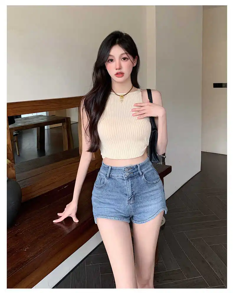 

High Waist Denim Shorts Women's Summer New Style A-Line Wide Leg Hot Pants Casual Cotton Stretch Fabric Zipper Closure Shorts