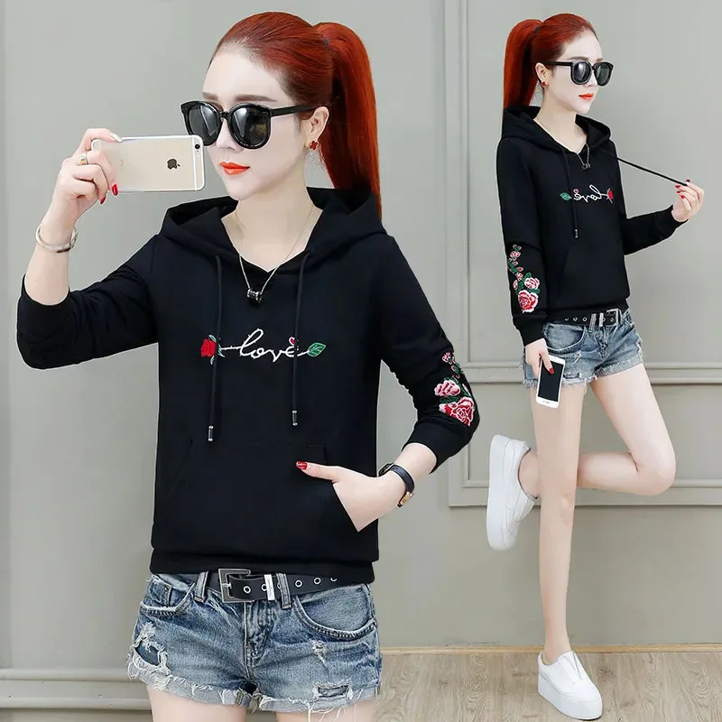 Loose Hooded Sweatshirt Women\'s Long Sleeve Autumn 2023 New Letter Embroidered Fashion Pullover Korean Versatile Short Jacket