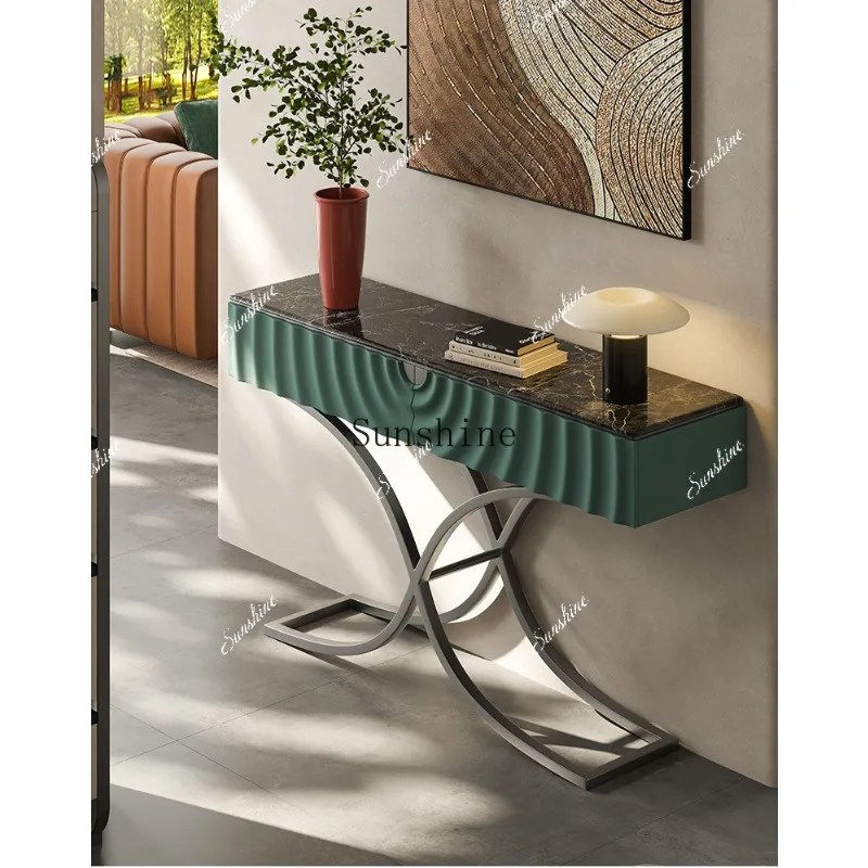 

Light luxury natural marble entrance cabinet home modern high-end solid wood design facing the door FT