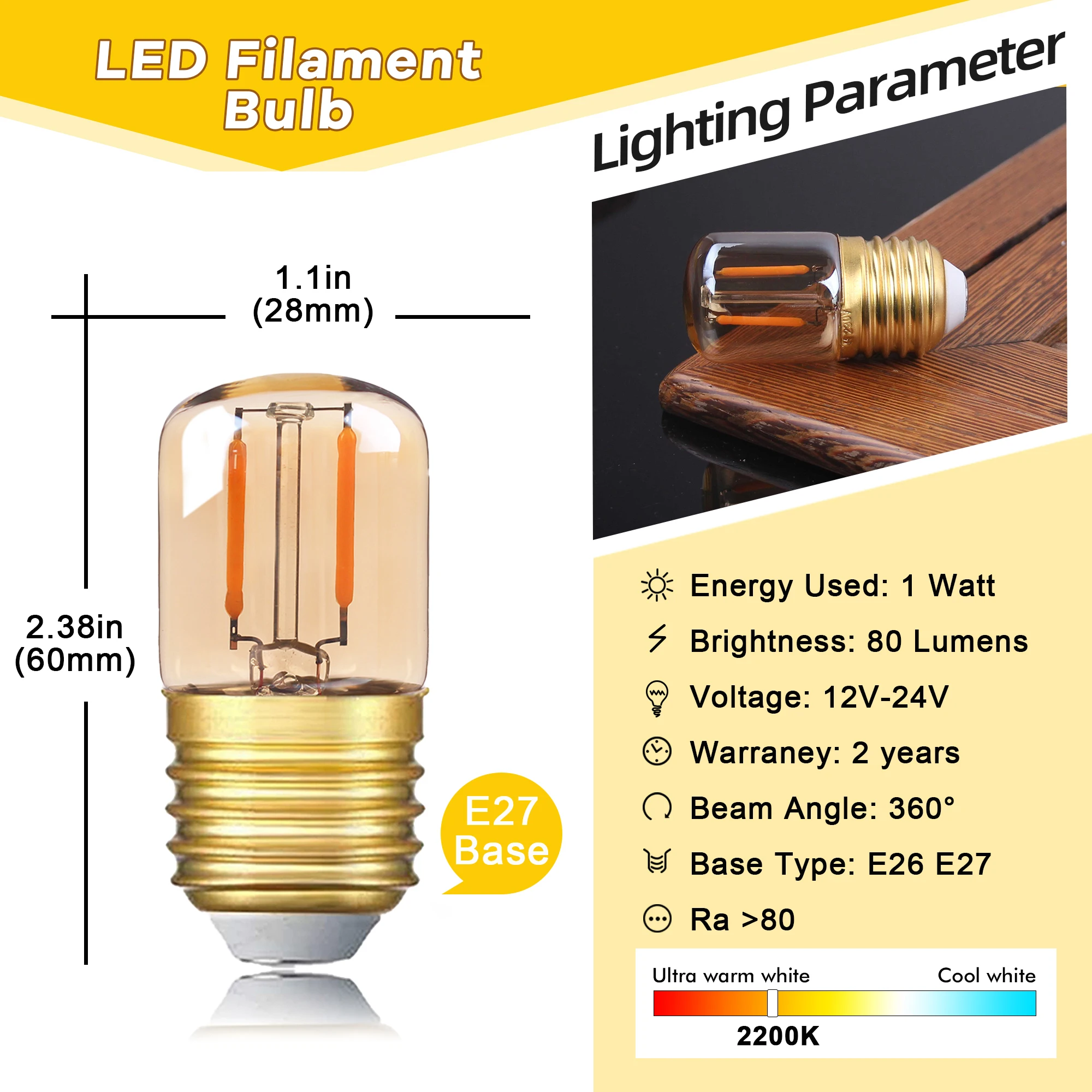 Imagem -02 - Lâmpada Tubular de Filamento Led de Baixa Tensão Vidro Âmbar rv Locomotiva Camping Decoração de Luz Solar dc ac 12v 24v E27 T28 1w