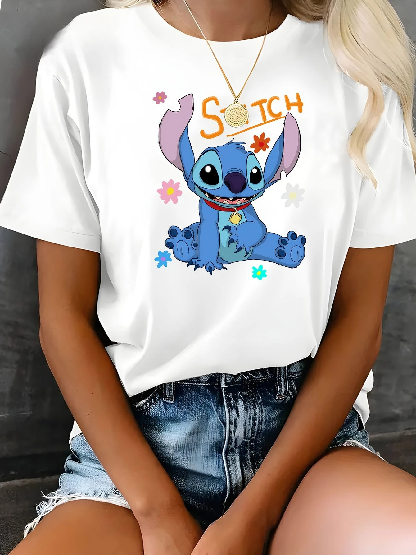 

Stitch Cartoon Graphic Printing Summer Autumn Winter Cotton Men's and Women's T-shirts Short Sleeves Luxury Outdoor Sports Brand