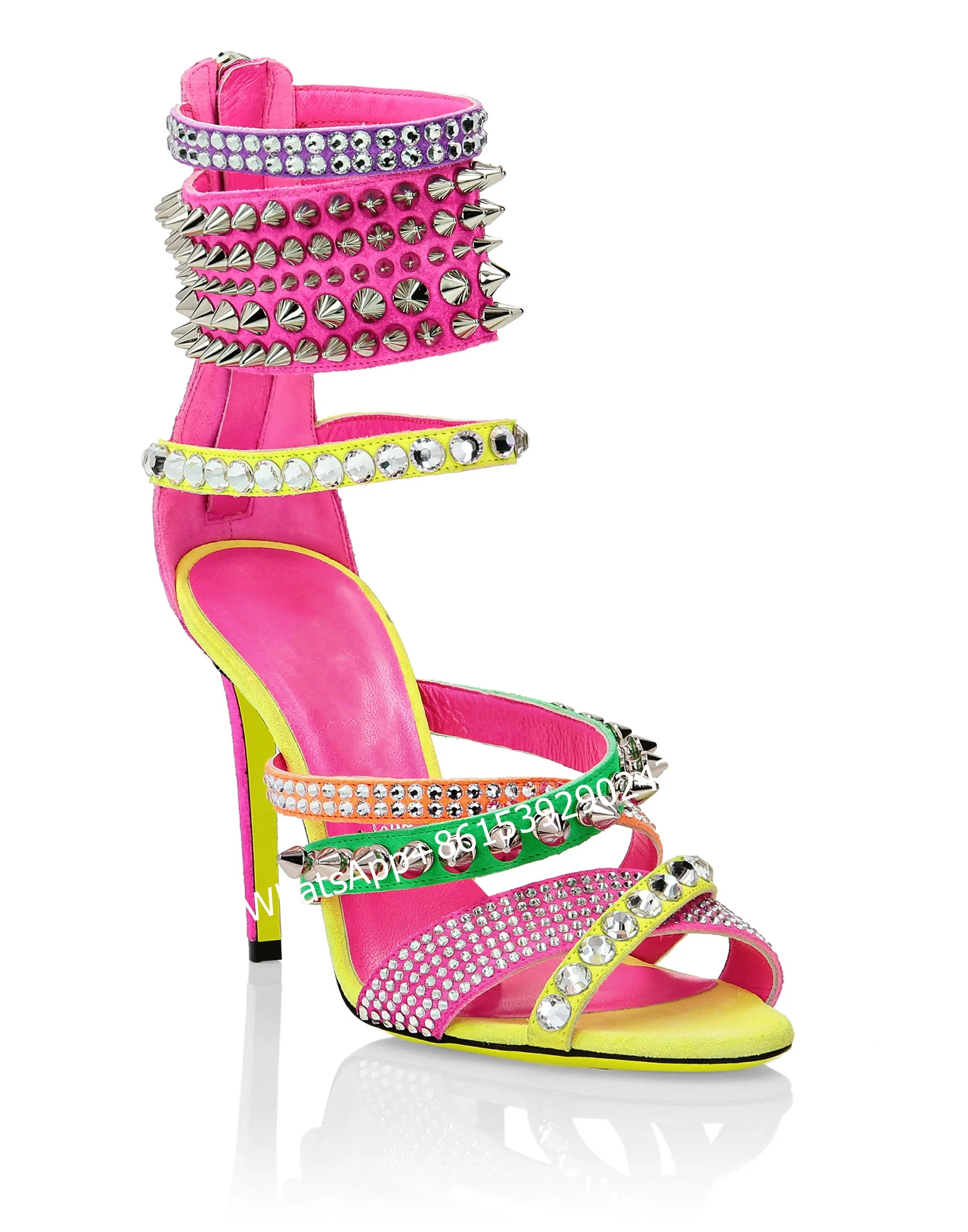 

String Bead Heels Hollow Design Back Zip Stiletto Women Colorful Studs Red Green Yellow Mixed Sandals Open Cross Chain Sexy Shoe