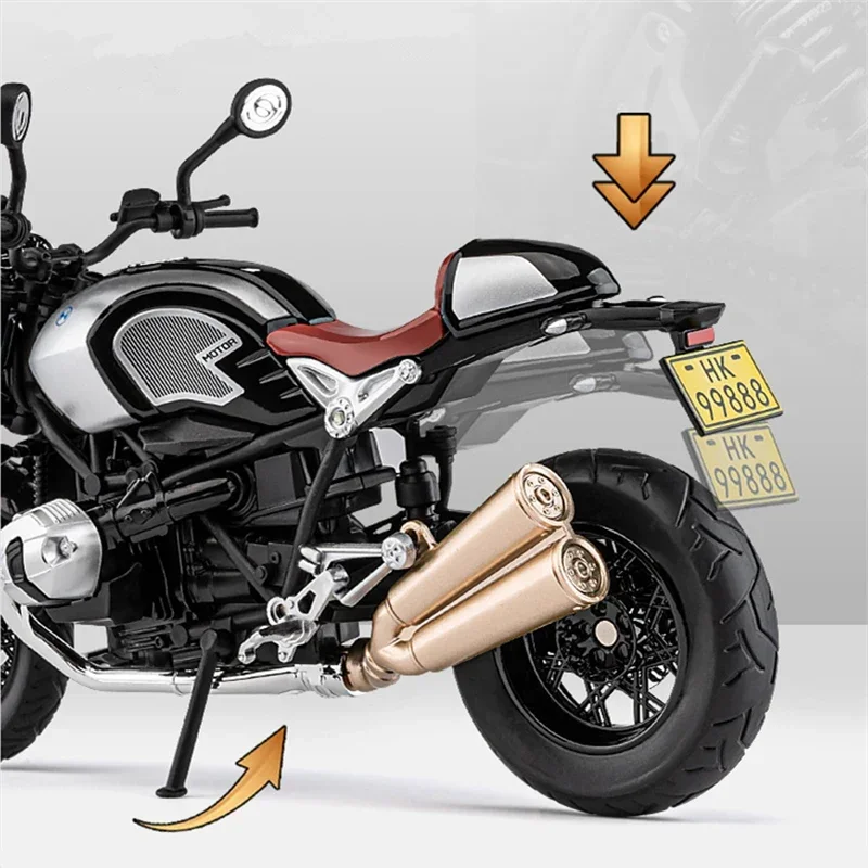 BMW Latte R NINE T Alloy Retro Sports Motorcycle Model Diecast Metal Street Racing Sound and Light Children Toy Gift