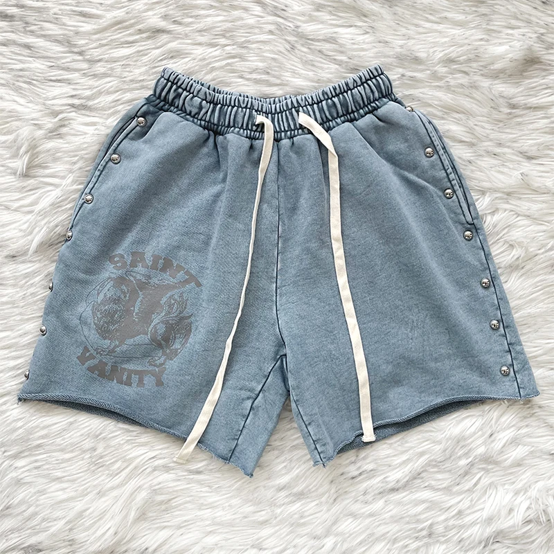 SAINT VANITY Ripped Rivet Casual Sports Shorts Youth Vitality Style Summer Shorts for Daily Wear Straight Leg Regular Thickness