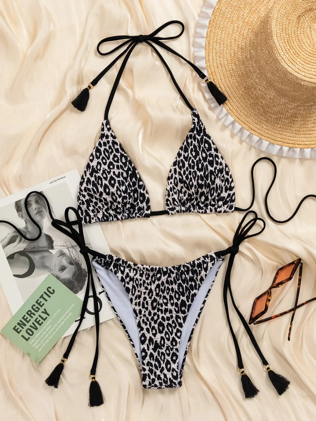 Sexy cinturino con nappa push up bikini set 2025 donna nero stampa leopardo piega cravatta laterale perizoma costume da bagno costume da bagno micro costumi da bagno