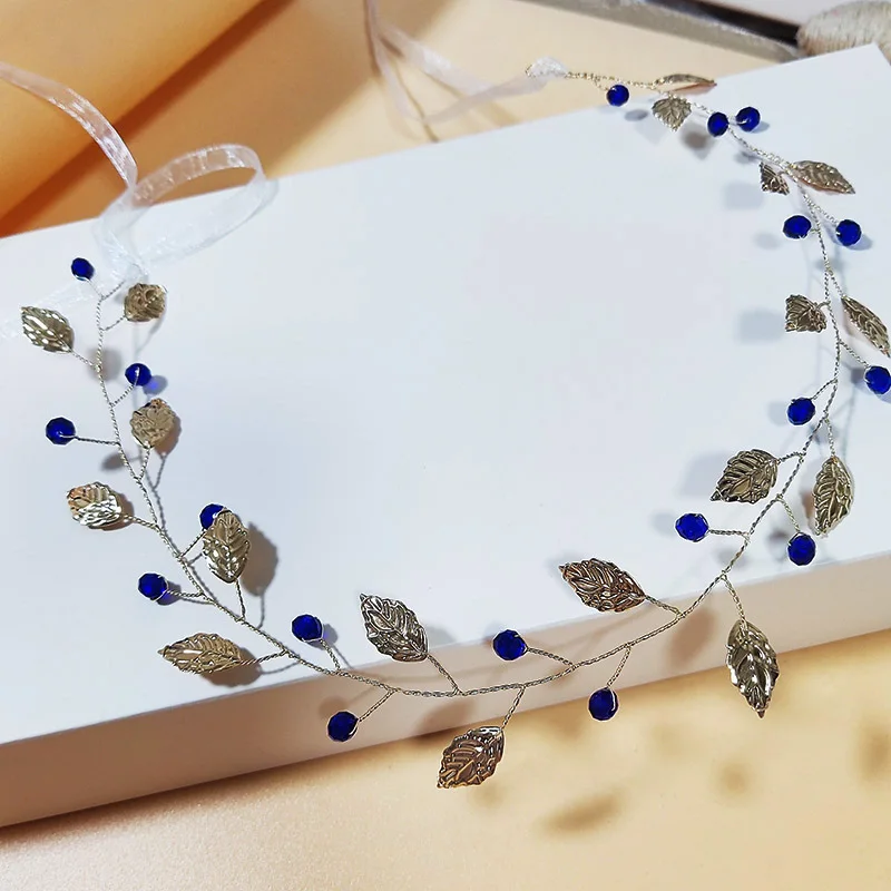 Bride Tiaras Hairband Metal Charm Leaf Blue Crystal Crown Headbands Prom Party WED Hair Jewelry Bridal Wedding Jewelry