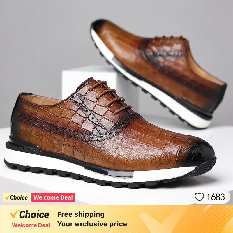 Men Shoes British Genuine Leather Shoes Comfortable Autumn 2023 New Lace Up Casual Shoes Crocodile Pattern Outdoor Men Sneakers