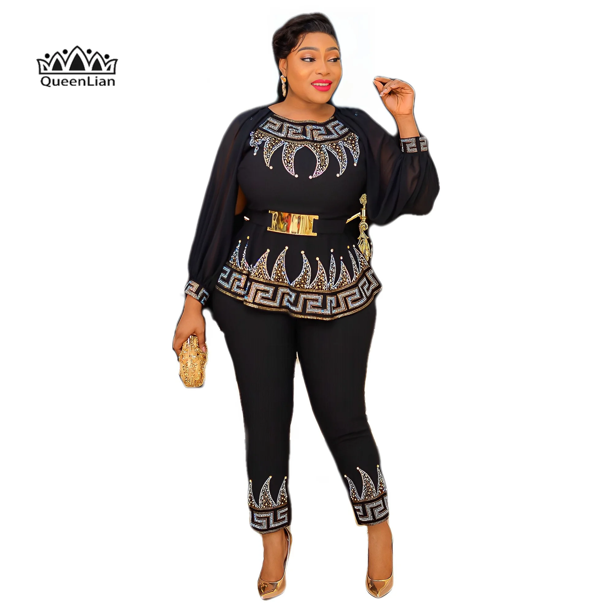 Stunning Fashion Rhinestone Waist Top with Slim Fit Pants Set and Belt - 3-piece African Suit Clothing African Clothes for Women