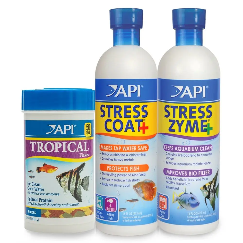 

Aquarium Water Treatment amp Trop. Fish Food Stress Coat 16 oz, Stress Zyme 16 oz, Tropical Flakes 1.1 oz