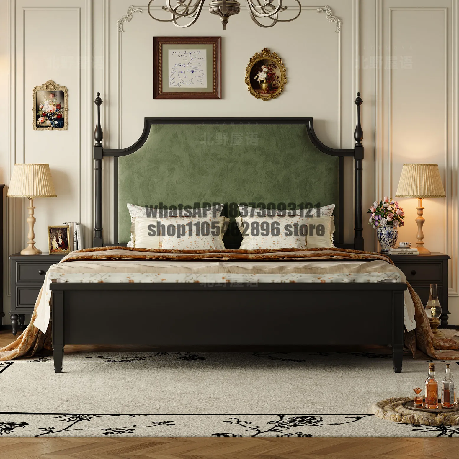French retro column soft bag queen bed dark green suede high backrest black solid wood 1.5m retro bedroom bed