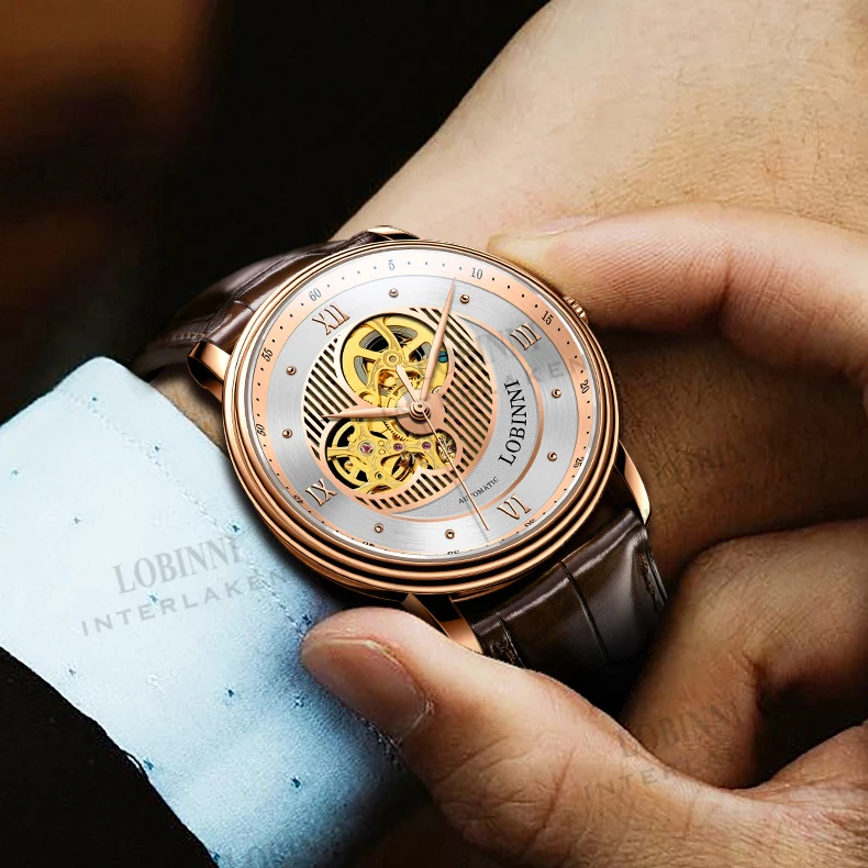 

Lobinni Мужские автоматические часы 40 мм Роскошные модные механические наручные часы Скелет 50 м Водонепроницаемые сапфировые застежки-бабочки