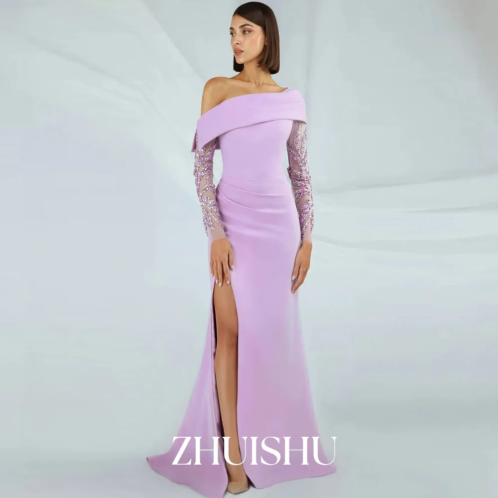 

ZHUISHU фиолетовое женское вечернее платье русалки с высоким разрезом и открытыми плечами, кружевное платье с бисером и длинными рукавами, торжественное платье по индивидуальному заказу