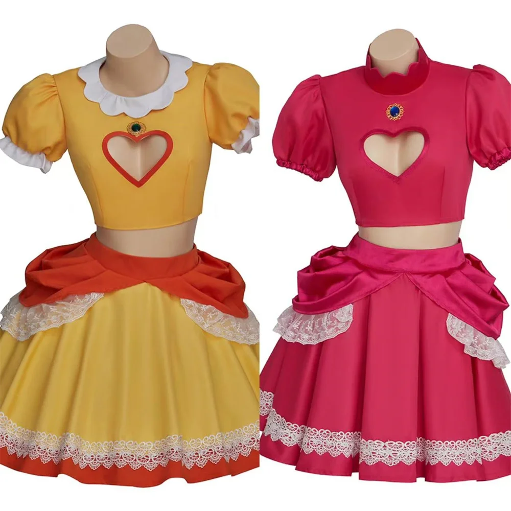 복숭아 데이지 코스프레 의상 여성용 핑크 오렌지 크롭 탑 멋진 스커트 할로윈 파티 의상