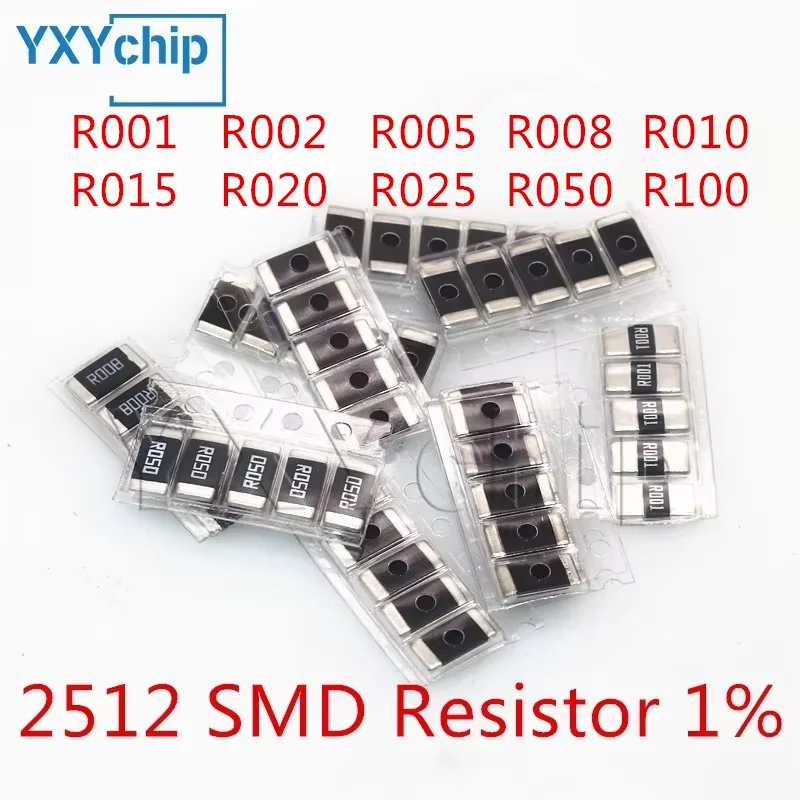 100 PZ 2512 Resistore SMD 1% 0.001R ~ 0.1R Kit assortito di resistenza in lega R001 R002 R005 R008 R010 R015 R020 R025 R050 R100