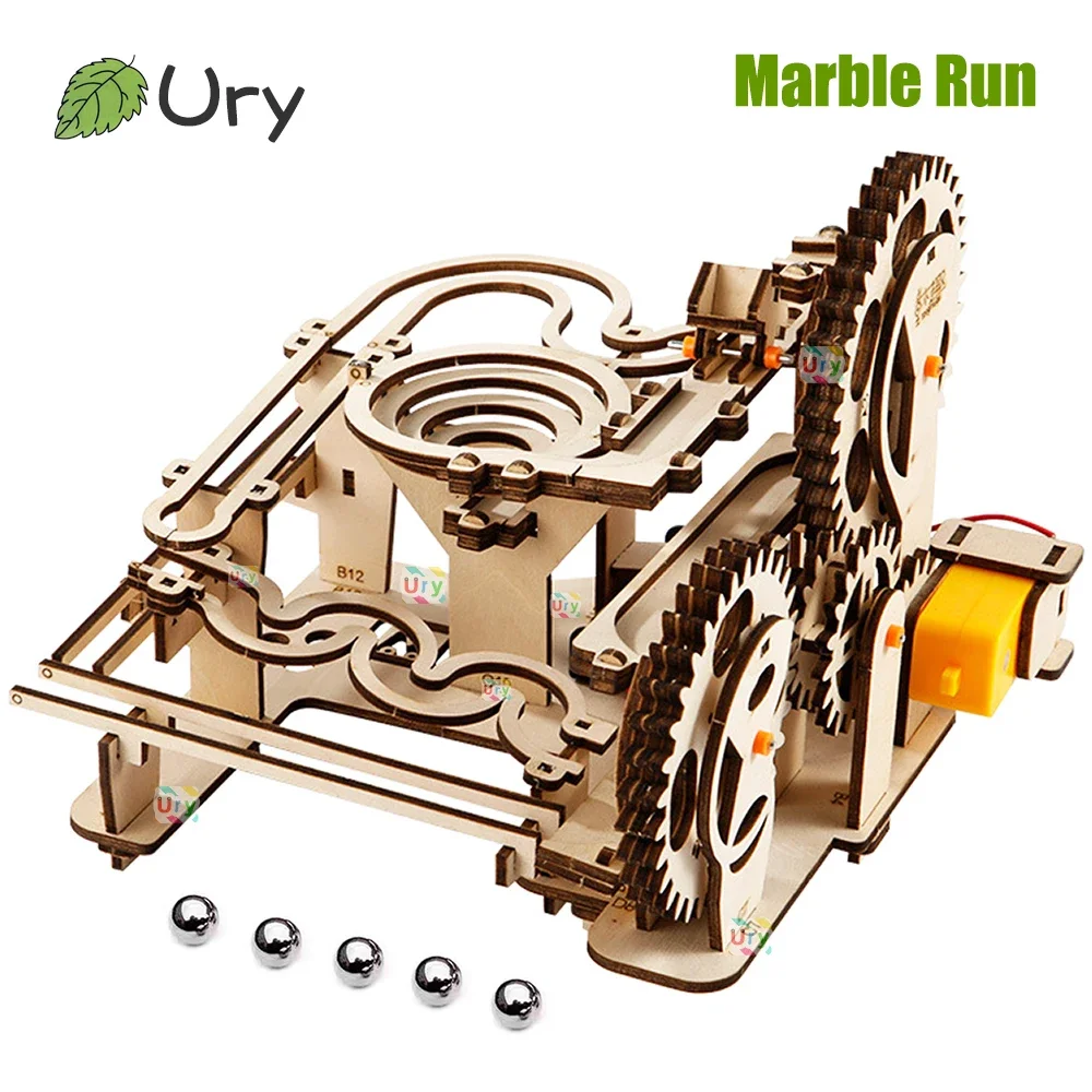 Ury 3D Wooden Puzzles Electric Catapult Track Device Marble Run Set Mechanical Model Science Maze 5 Balls Assembly Gift for Kids