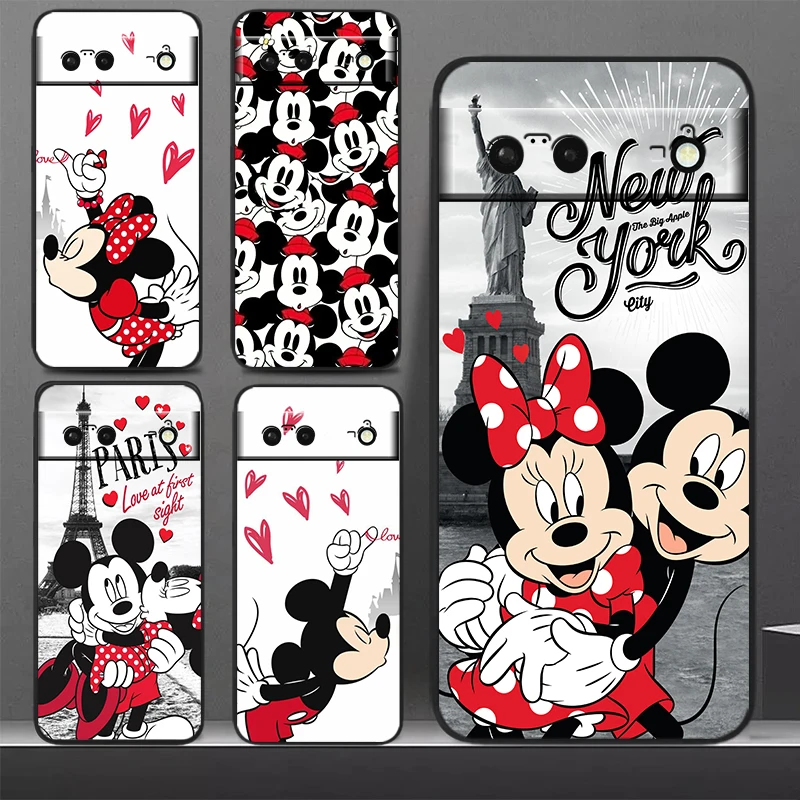 Funda de teléfono de Mickey y Minnie, carcasa suave negra para Google Pixel 8, 7 Pro, 6 Pro, 6A, 5A, 5, 4, 4A XL, 5G, Nueva York