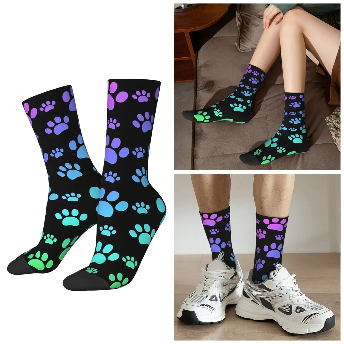 All Seasons Colorful Gradient Paw Socks Harajuku Crew Socks Sweat Absorbing Stockings for Men Women Valentine's Day Gifts