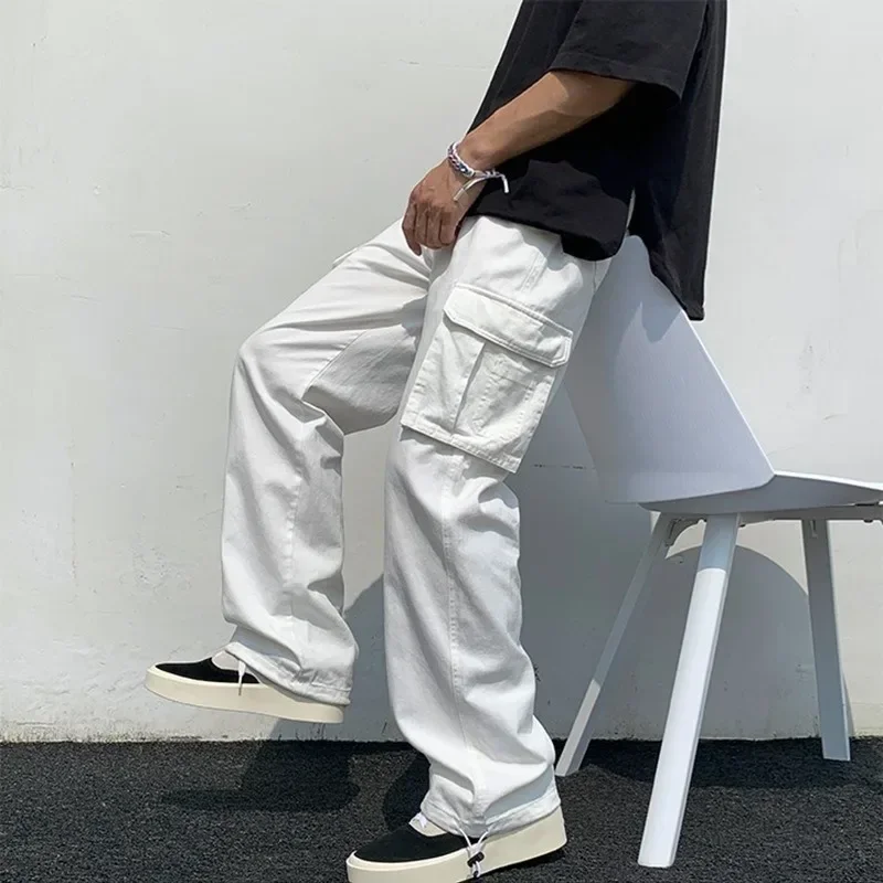 Black/white Casual Pants Men's Fashion Loose Straight Wide Leg Pants Men Streetwear Hip-hop Pocket Cargo Pants Mens Trousers