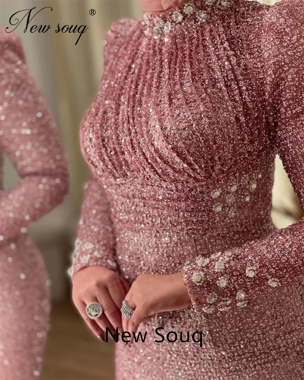 Abiti da sera a sirena rosa musulmana abiti da sera a maniche lunghe arabo Dubai personalizza abito da festa di nozze con perline Robe Du Soir