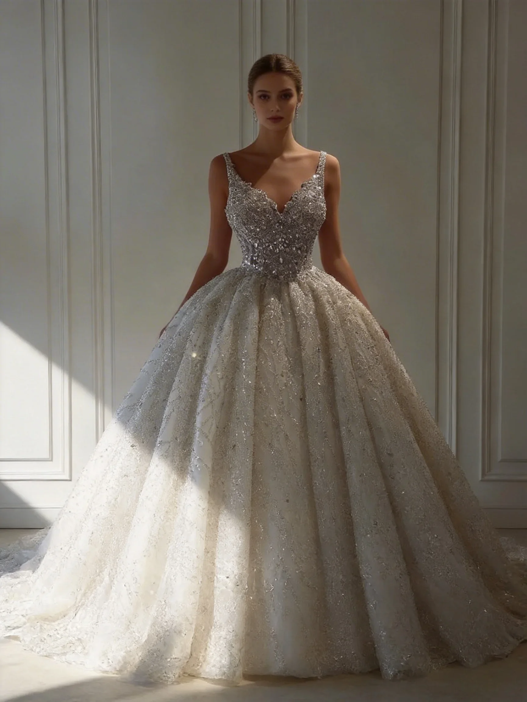 

Luxurious V-neck Ball Gown Wedding Dress Sparkling Sequin Decal Crystal Bridal Gown for Women Customized Vestidos De Novia