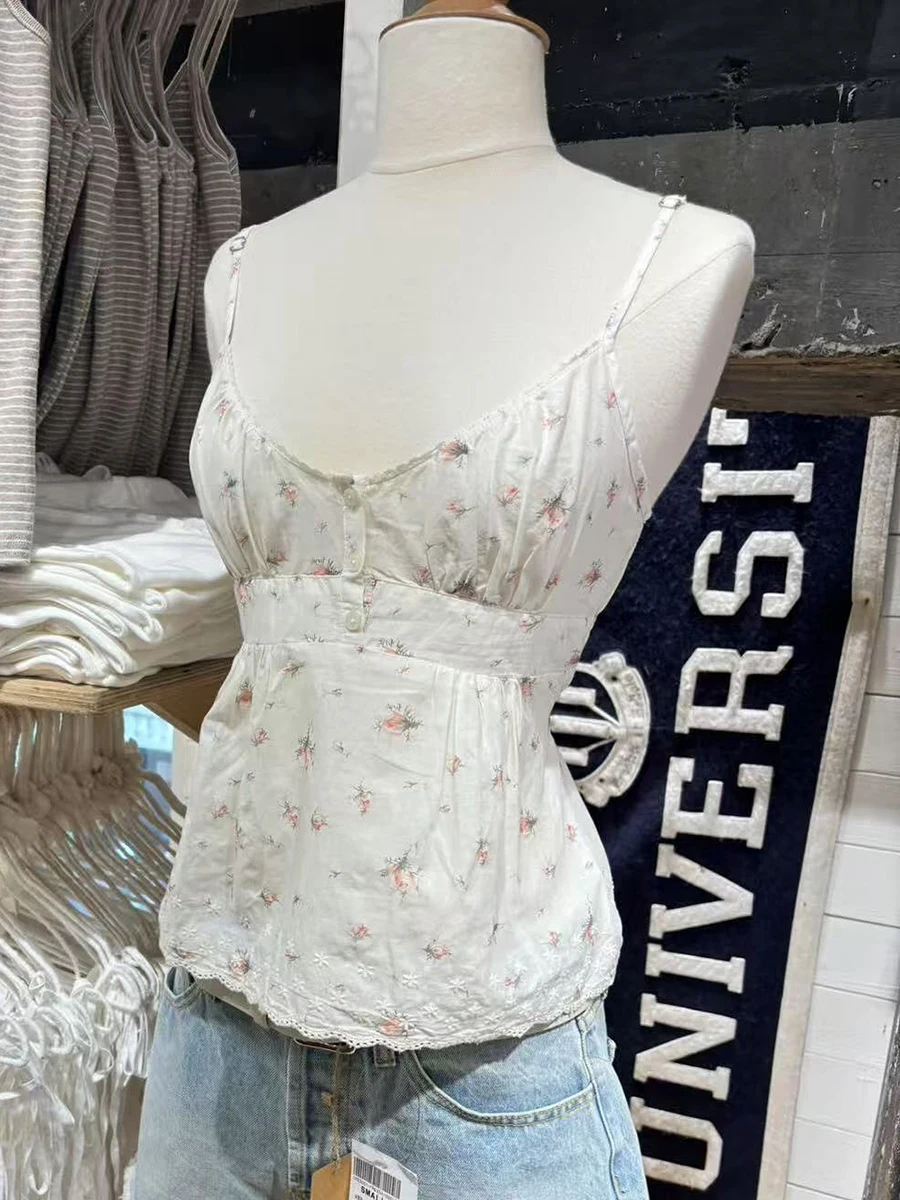 

Женский укороченный топ на бретелях с цветочным принтом на спине и кружевной отделкой на пуговицах, летний повседневный укороченный топ без рукавов с милой вышивкой подол, майки Y2k, новинка