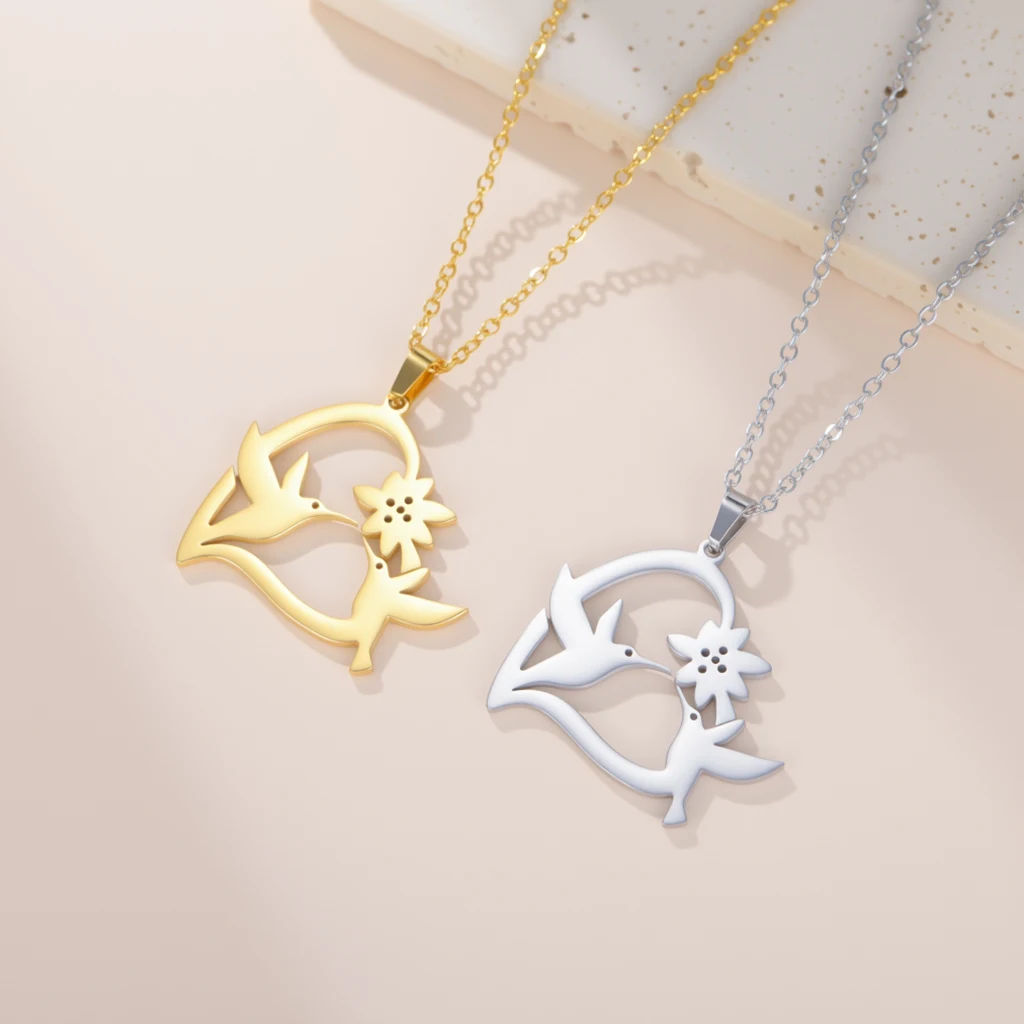 Aushöhlen Zwei Kolibri Liebe Paar Halskette Edelstahl Tier und Pflanze Blume und Vogel Halskette Mode Schmuck Geschenk