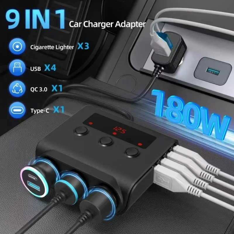 9 IN 1 Quick Charge For GPS Mobile Phone Socket Splitter 5 Ports USB Charger 12-24V Car Charger With ON/OFF Switch