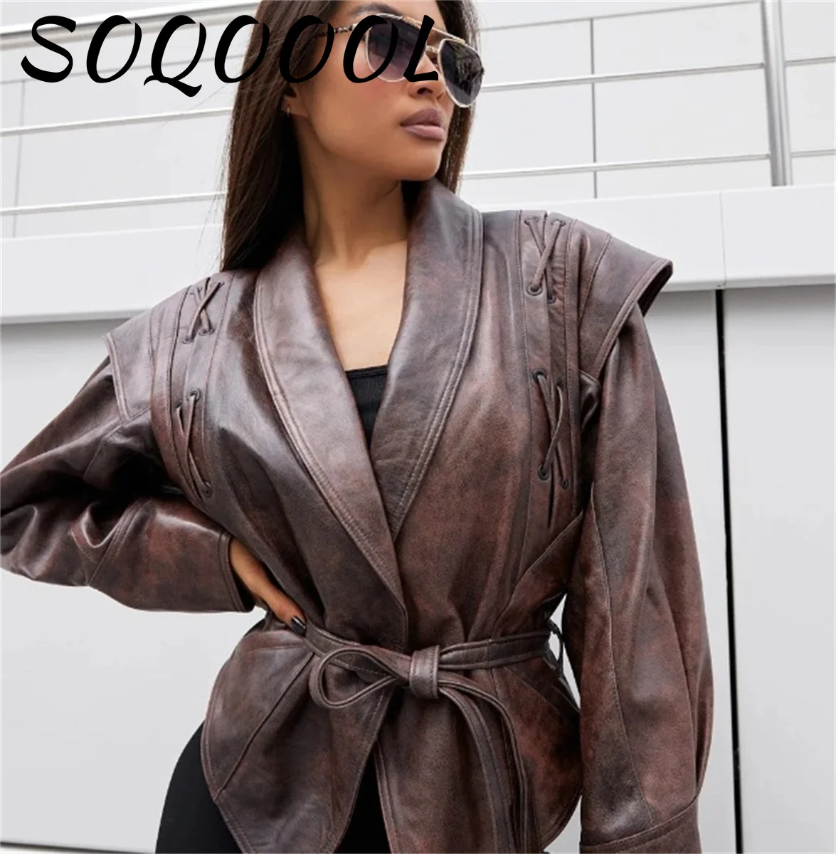 Women\'s High Street Leather Jacket 2024 Autumn Winter Versatile Brown Long Sleeves V-neck Lace-up Coats Causal Female Outerwear