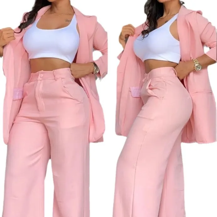 Temperament Elegant Solid Color Pants Sets Women Long Sleeve Blazer High Waist Straight Trousers Two Piece Set Female Autumn New