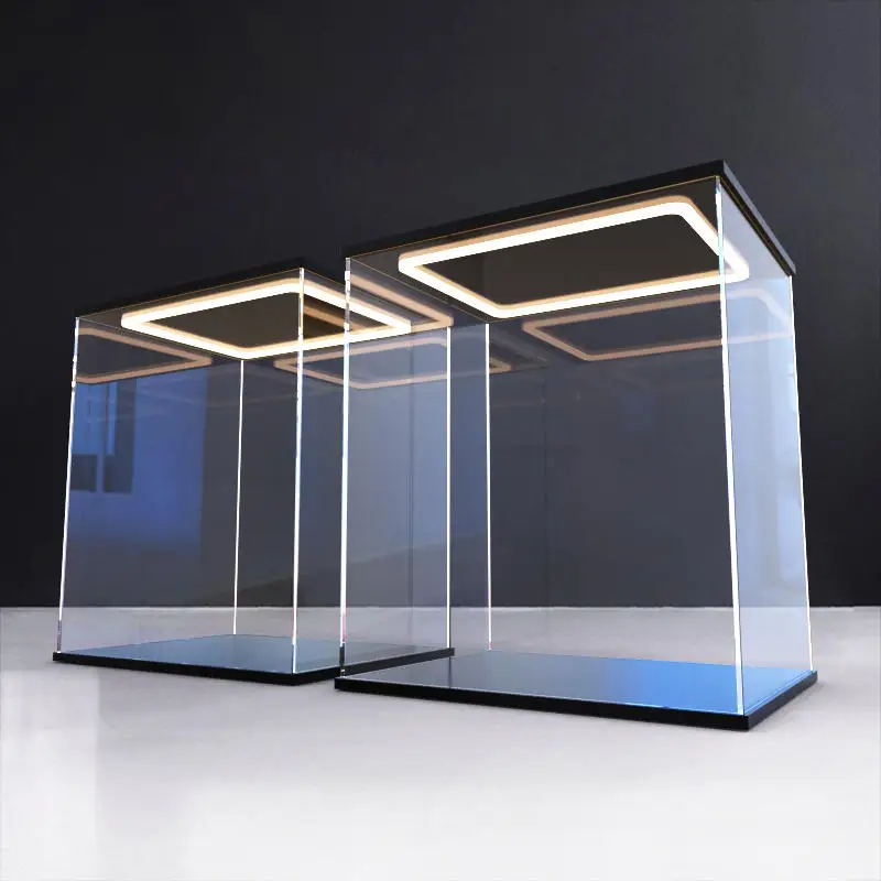 Acrylic Display Case with Ring LED Light for Car Model, Assemble Dust Storage Box with Door for Collections,  Figure Showcase