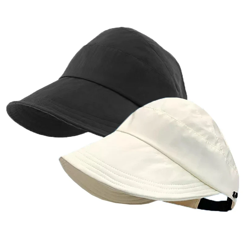 Topi matahari atas kosong untuk wanita, topi pelindung UV luar ruangan tepi lebar berongga hitam & PUTIH