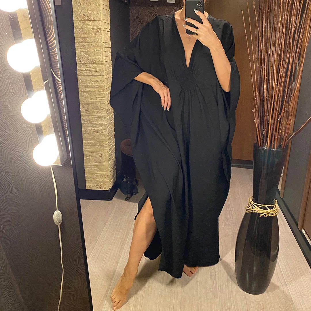 Langes Kleid im Stil einer griechischen Göttin, Tunika mit Fledermausärmeln, Strandkleid, Strandtuch, Strandmode, Kaftan, Maxikleid V4427 – Detail 1