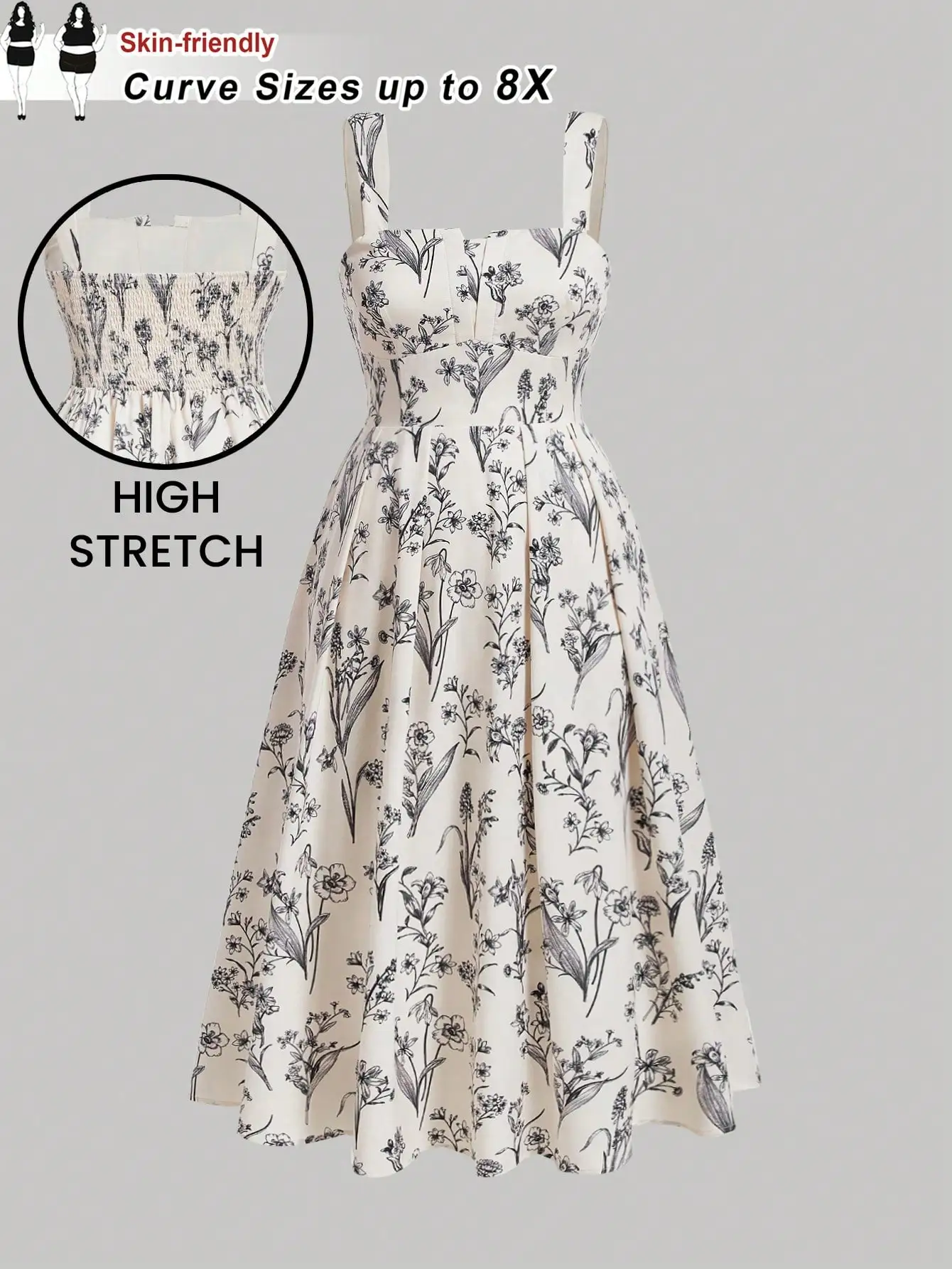 

Платье макси А-силуэта с цветочным принтом, присборенным лифом и бретелями, больших размеров