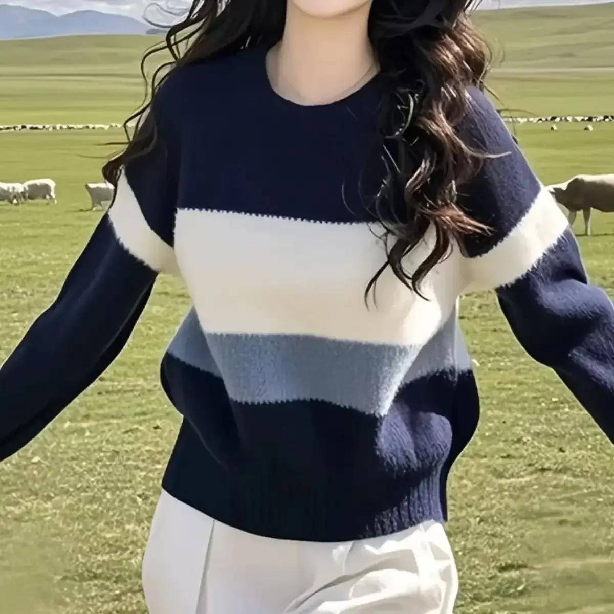 

New Fashion Contrast Color Knitted Sweater Women Autumn Winter Patchwork O-neck Long Sleeve Casual Loose Pullover Top Knitwear