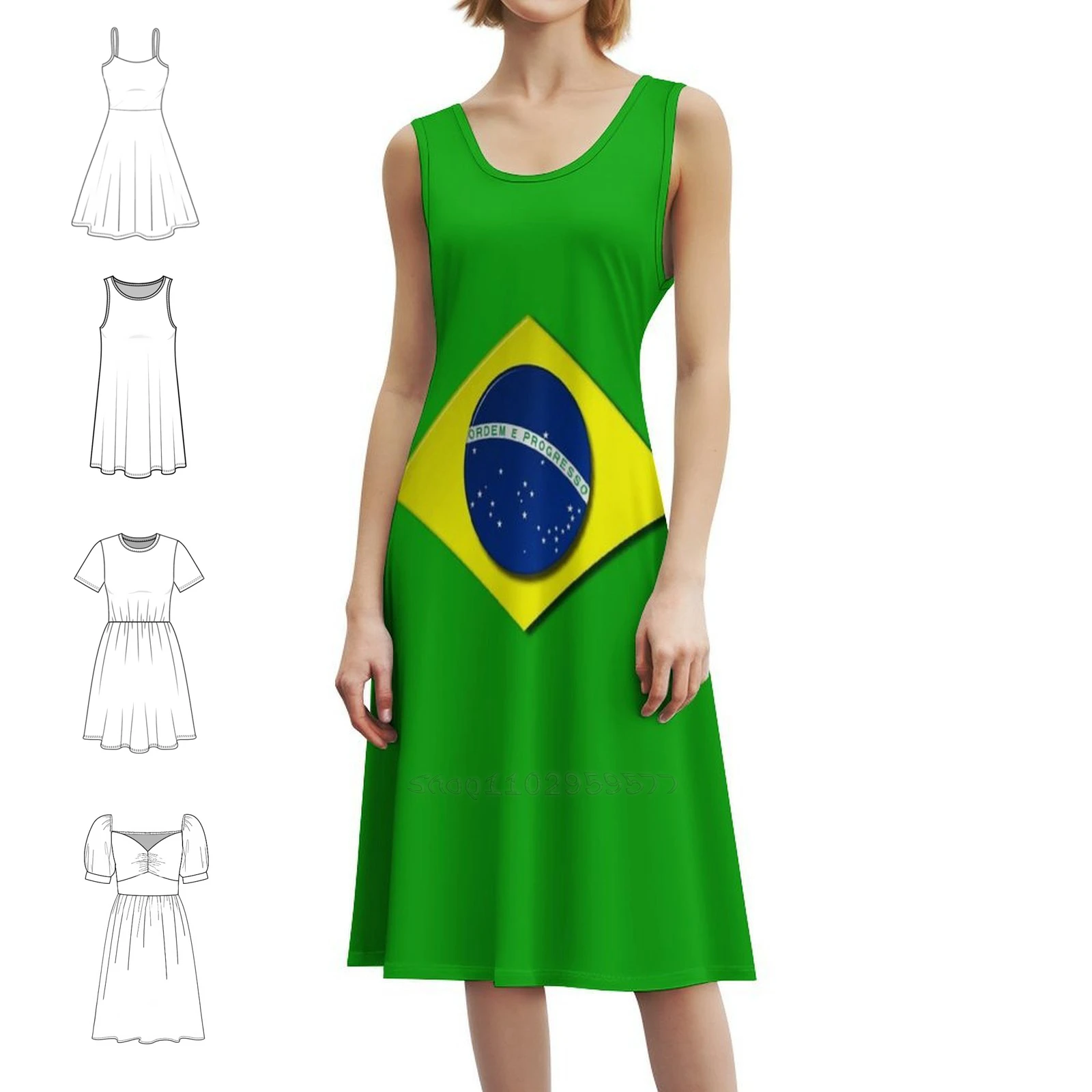 Emblema da bandeira brasileira vestido de festa elegante feminino vestido linha a com opções curtas/longas/sem mangas emblema da bandeira brasileira do brasil