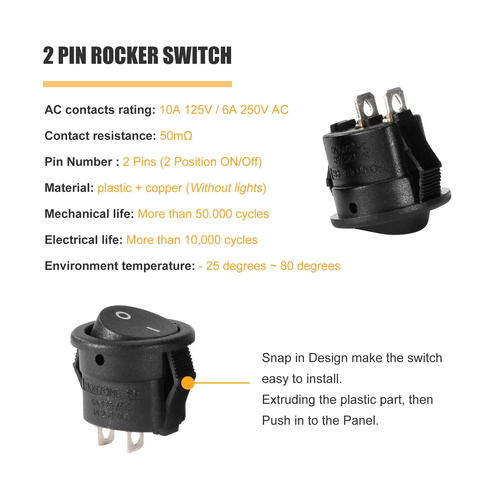 10Pcs Snap-in Round Rocker Switch SPST Mini Toggle Switch 2 Pin 2 Position Black Button Power ON Off Switch image 5