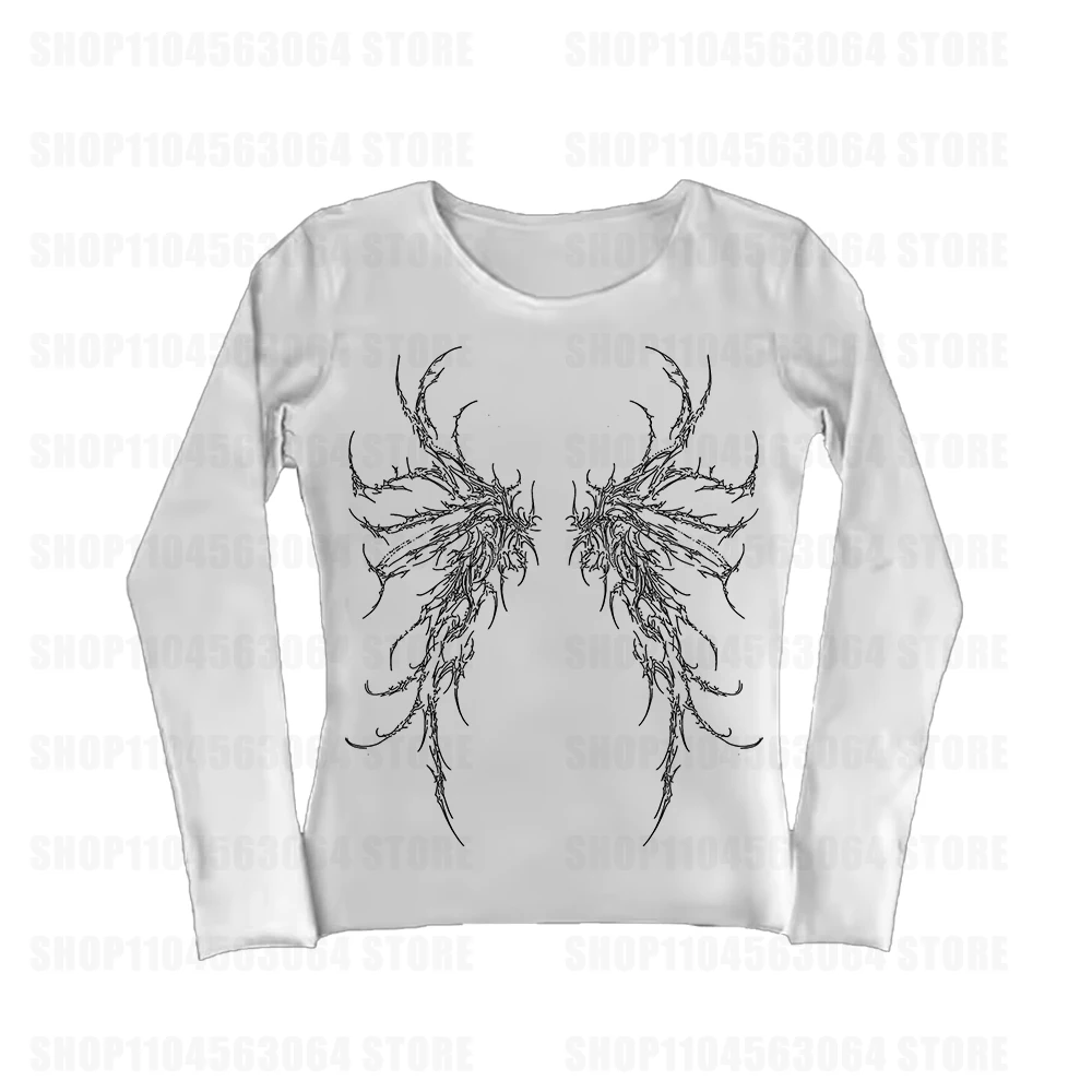 

European and American style y2k wing print pattern design for autumn long sleeved round neck pullover T-shirt