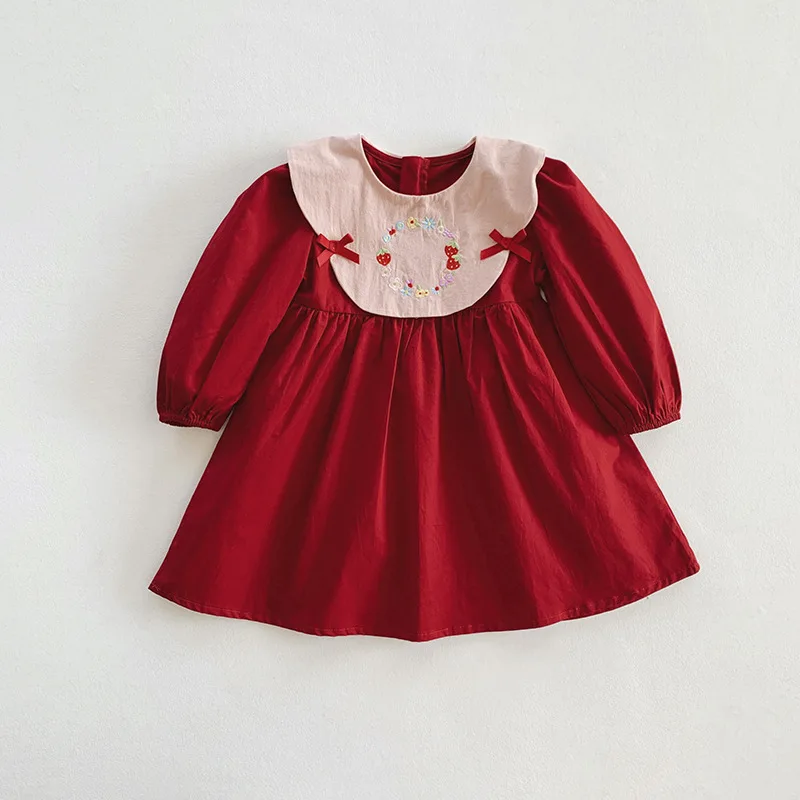 Autumn Baby Girl Long Sleeve Dress Retro Embroidered Girls\' Dress Spring Doll Neck Bow Princess Dress Fluffy Children\'S Dress