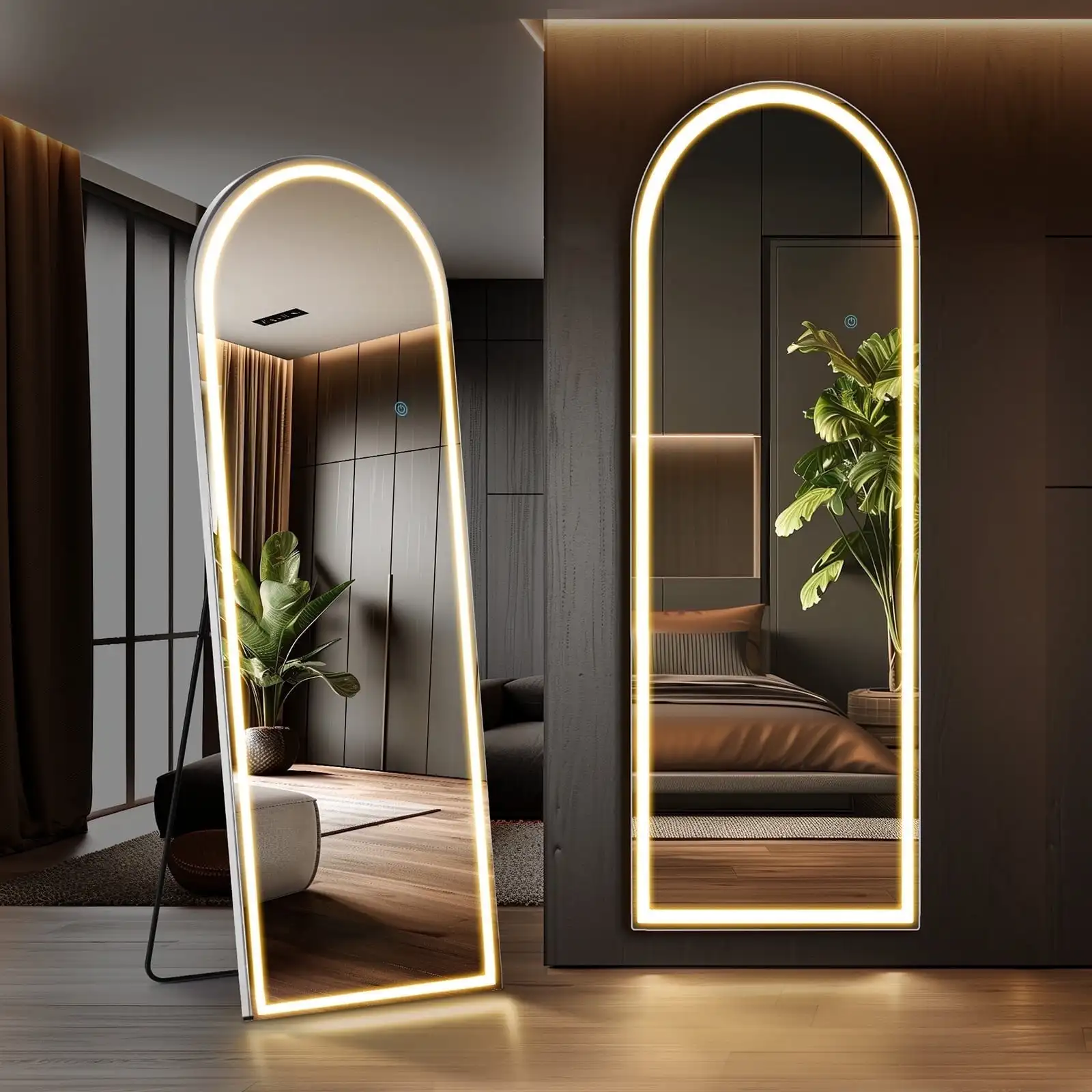 

63x20 inch arched full length LED floor mirror with three color lighting modes for bedroom or cloakroom