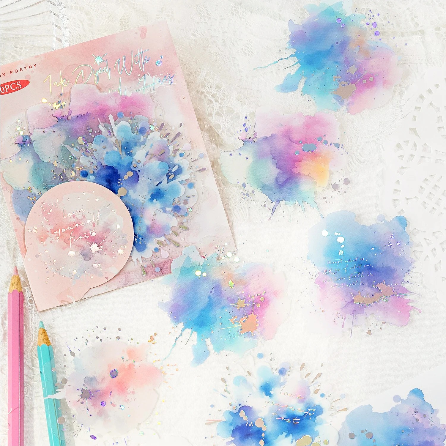 Pacote de adesivos de respingos de aquarela, acessórios escolares para diário, scrapbook decorativo diy, etiqueta colorida, papelaria estética