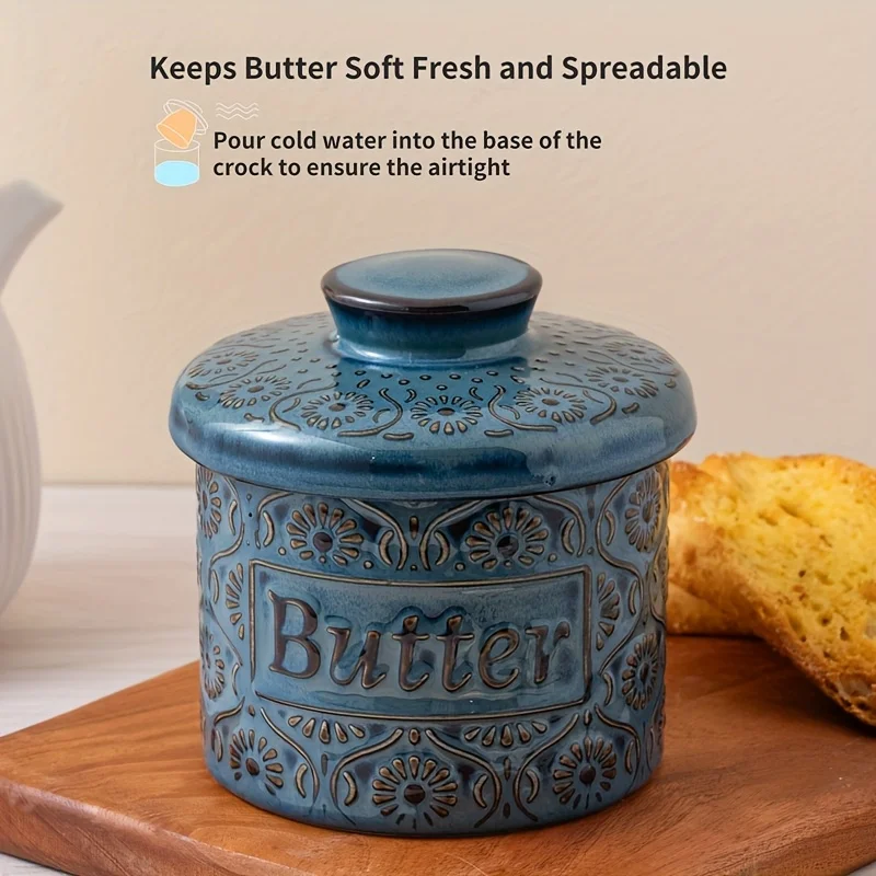 Cuenco de mantequilla esmaltado cambiado en horno vintage de otoño, esmalte azul profundo con tapa y cuenco de mantequilla de cerámica en relieve, tarro de almacenamiento de queso, 1 ud.
