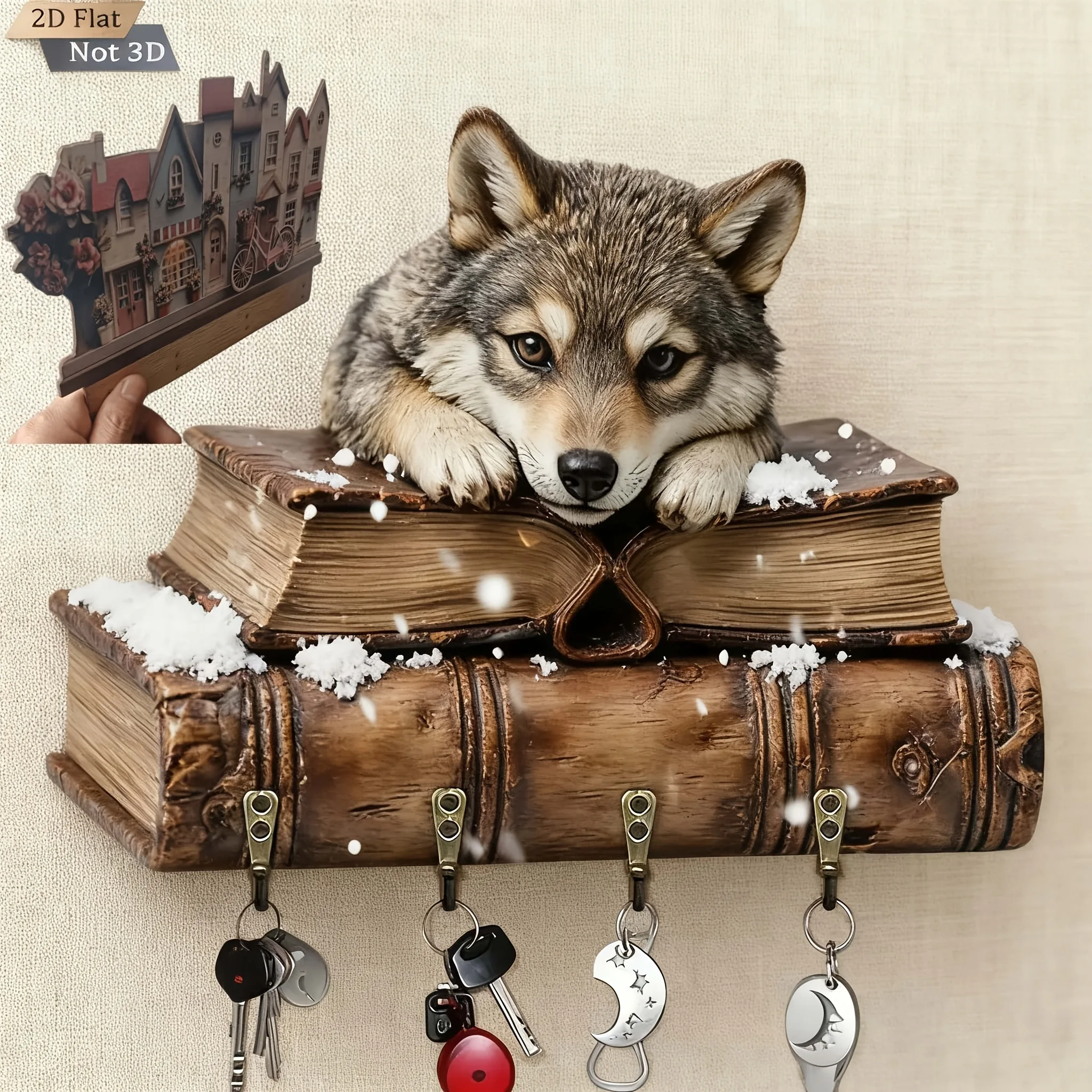 2D FLAT 3D Winter Wolf Wall Decor – Wooden Multi-functional Key Holder, Countryside Cabin Style, Wall Decoration for Entryway, V