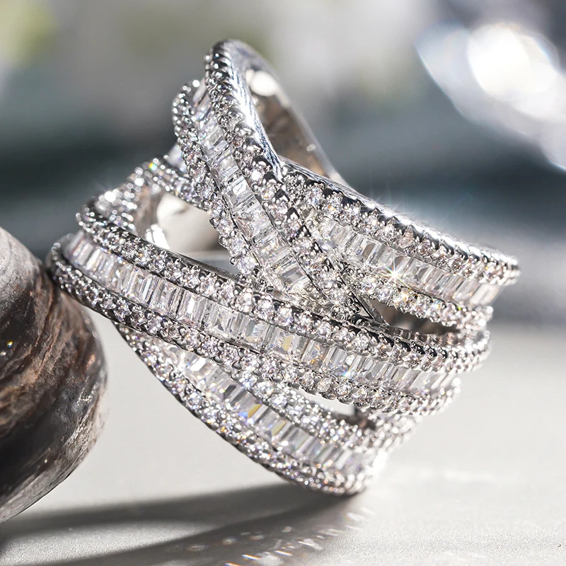 Huitan Novel Multi-layer Cross Design Rings for Women Graceful Grand Finger Accessory for Wedding Trendy Dazzling Party Jewelry
