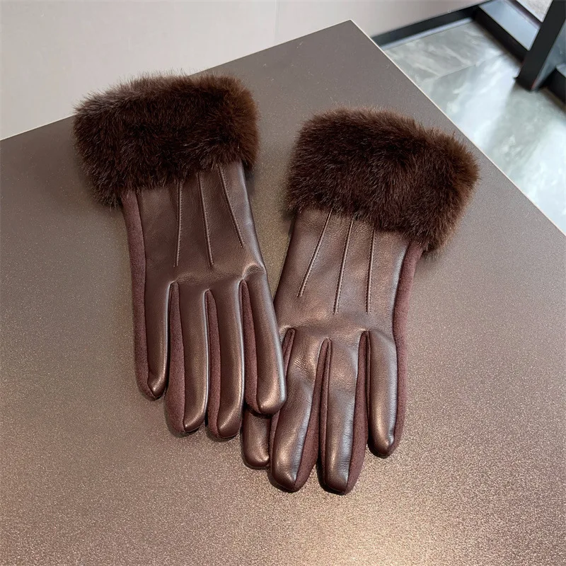 Fashion Soft PU Suede Spliced ​​leather Gloves for Women Winter Velvet Thickened Cycling and Commuting Warm Gloves Fluffy Cuff