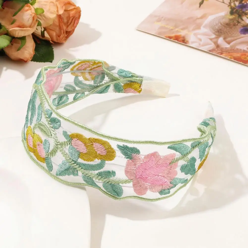 Lightweight Headband Elegant Mesh Yarn Wide Headband with Retro Embroidery Flower Pattern Soft Elastic Hair Accessory for Women